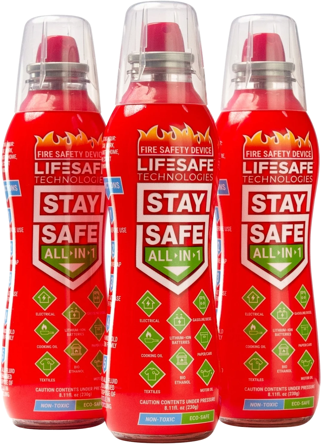 Three StaySafe All-in-1 bottles on a kitchen worktop